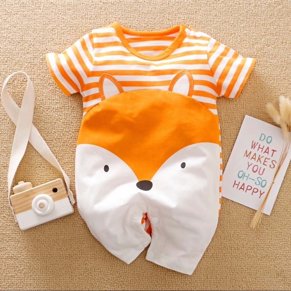 PatPat 100% Cotton Fox Stripe Print Short-sleeve Orange Baby Romper.Color:Orange